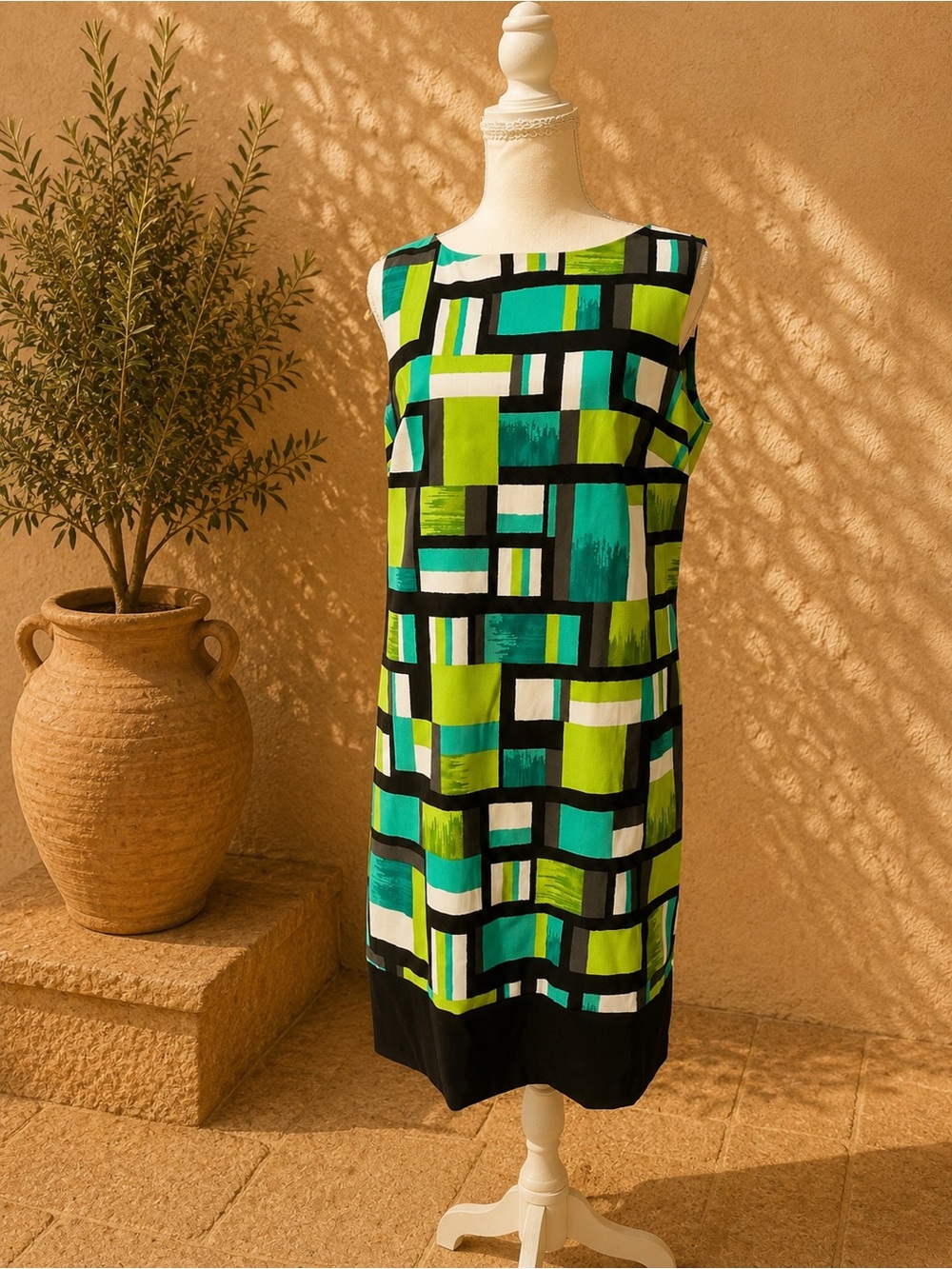 Kim Rogers Geometric Shift Dress in Lime & Teal